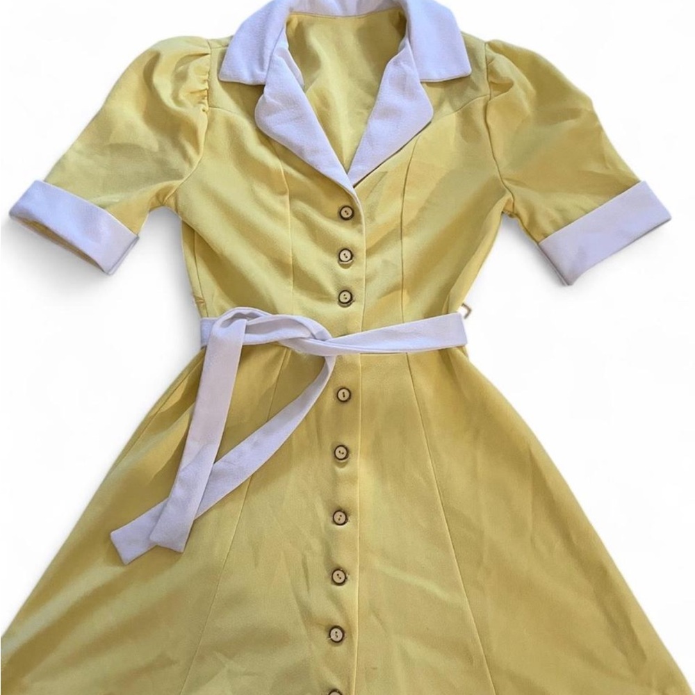 Elegant Yellow Button-Up Dress with White Accents